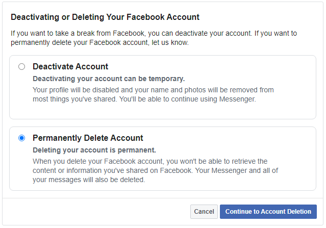 delete Facebook account